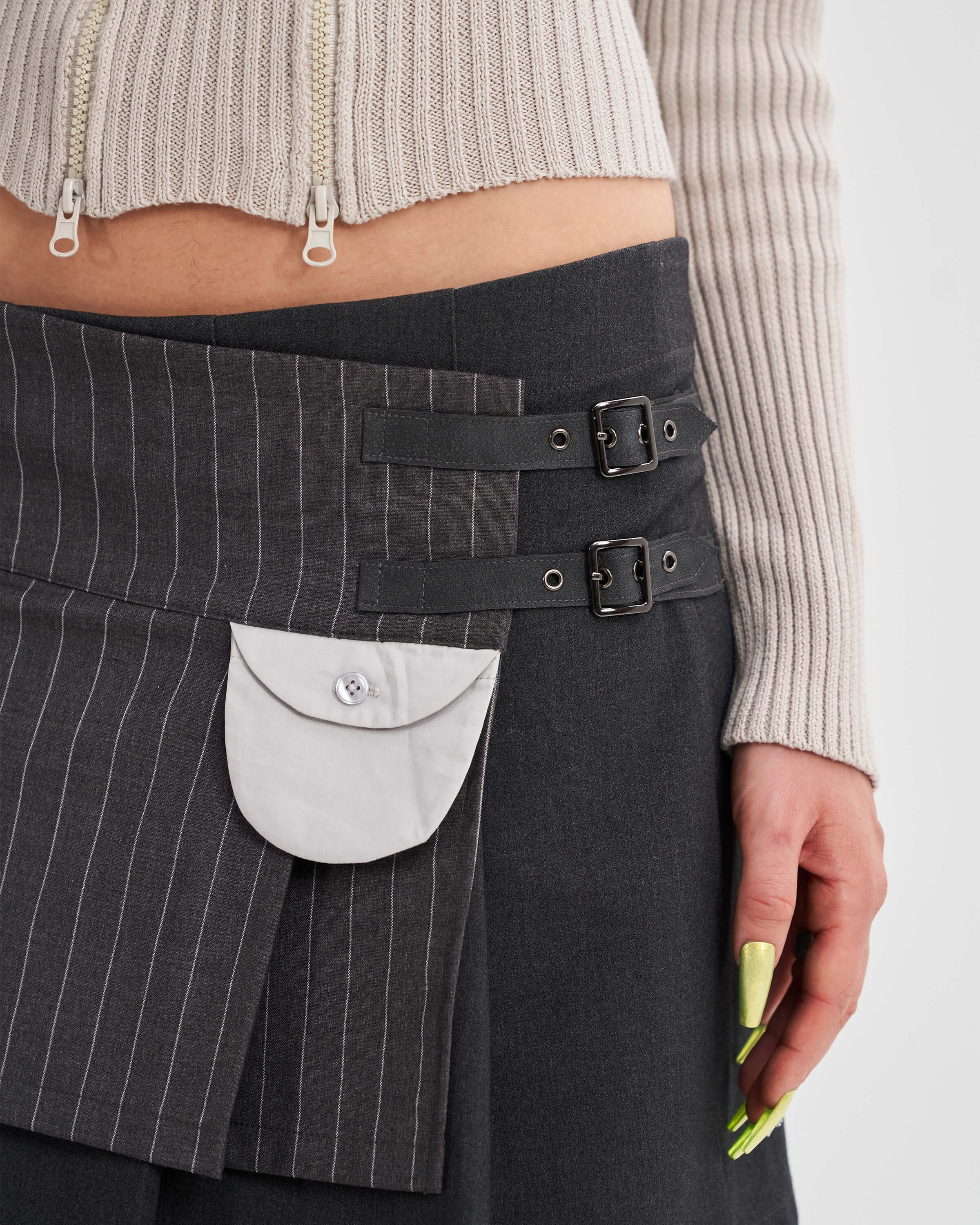 Asymmetric Pinstripe Wrap Skirt with Buckle in Dark Grey